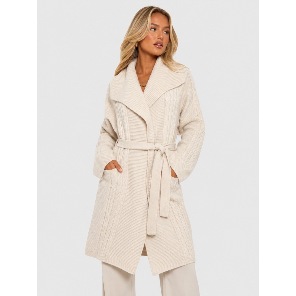 T Tahari Cream Cable Knit Shawl Collar Belted Cardigan Coat L NWT New